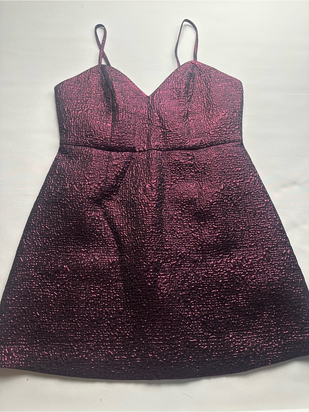 Metallic Plum/Burgundy Textured Spaghetti-Strap Mini Dress. Size 10